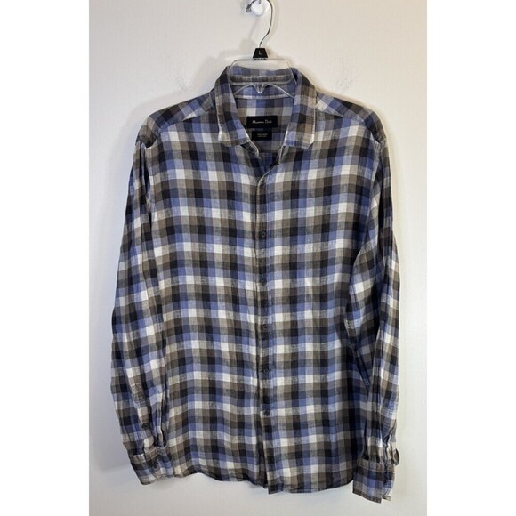 MASSIMO DUTTI 100% Linen Long Sleeve Button Up Shirt Men’s XL Blue Checkered - Picture 1 of 10